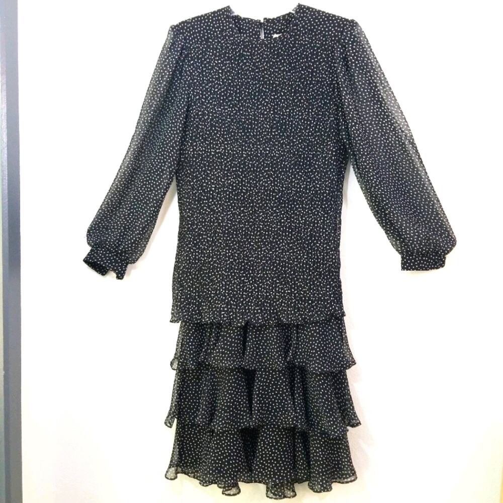 Vintage polka dot drop waist layered ruffles dress